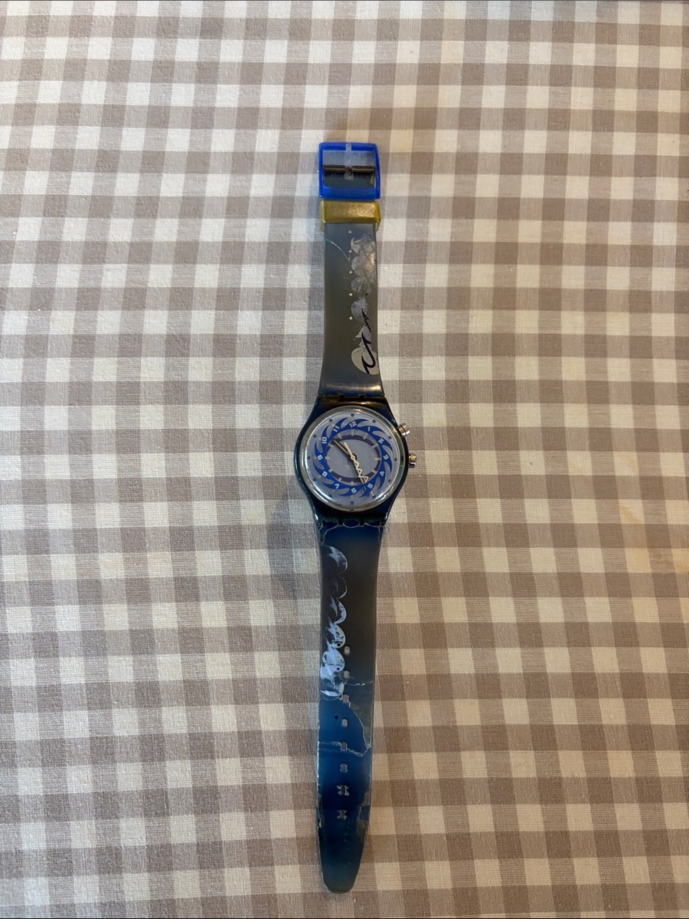 Swatch Blue and Gold Accent Graphic Silicone Strap Watch
